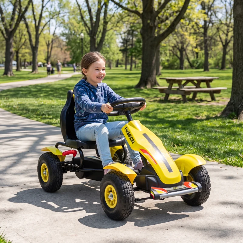 Aosom Kids Pedal Go Kart, Outdoor Ride on Toys with Adjustable Seat, Sharp Handling, Handbrake, 4 Non-Slip Rubber Wheels for Boys & Girls Aged 5-12 Years Old, Yellow