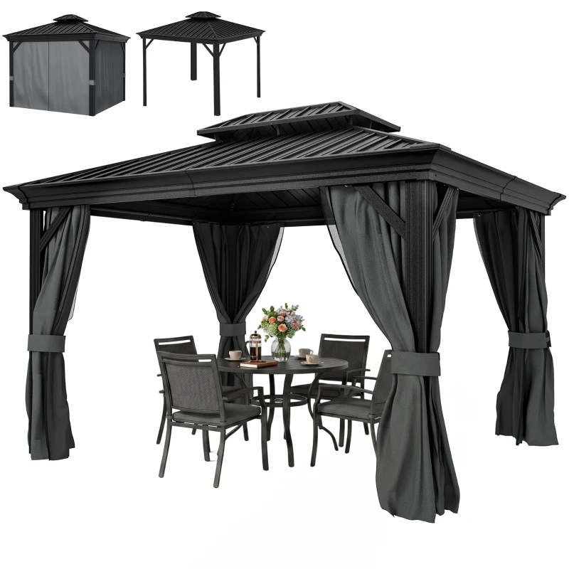 Outsunny 10' x 12' Outdoor Hardtop Gazebo with Galvanized Canopy & Netting Sidewalls for Lawn, Backyard, Dark Grey