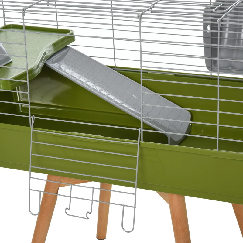 PawHut Small Animal Cage, Rolling Bunny Cage, Guinea Pig Cage with Food Dish, Water Bottle, Hay Feeder, Platform, Ramp, Green