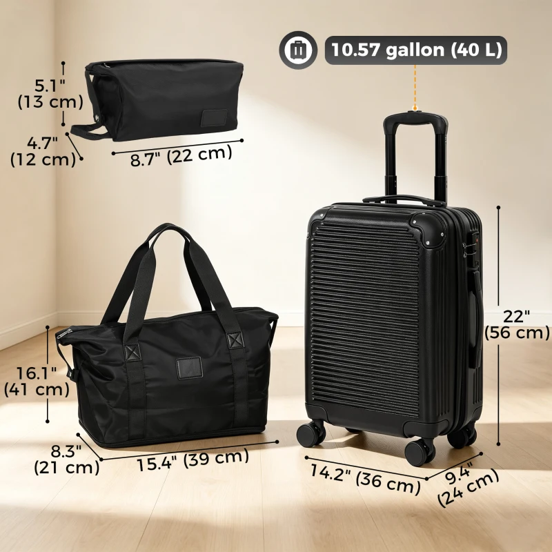 HOMCOM 3-Piece Luggage Set, Expandable Carry On Suitcase Set with Travel Duffel Bag, Toiletry Bag, TSA Lock, Hard Shell, Black