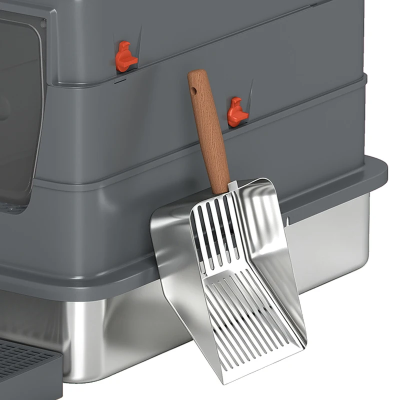 PawHut Stainless Steel Cat Litter Box with Lid, Enclosed High Sided Litter Box with Step, Metal Scoop, Grey