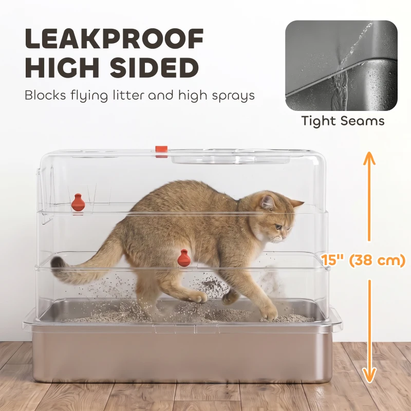 PawHut Stainless Steel Cat Litter Box with Lid, Enclosed High Sided Litter Box with Step, Metal Scoop, Grey