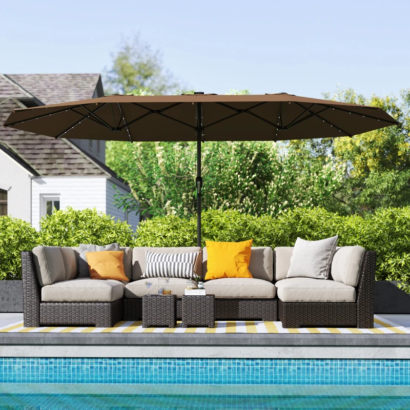 Outsunny Garden Parasol, Double-Sided Sun Umbrella with LED Solar Lights, Patio Parasol for Outdoor, Coffee