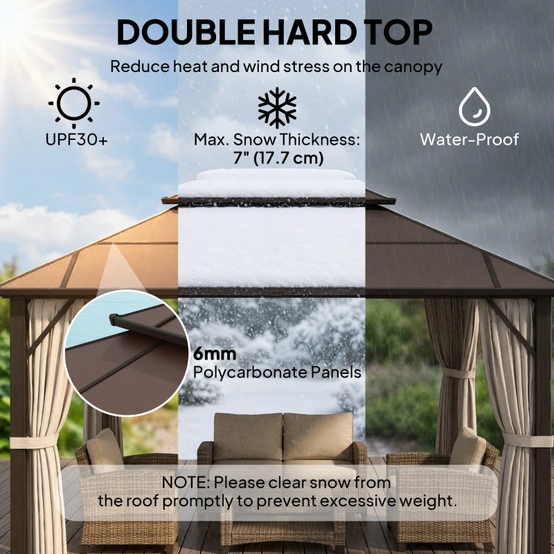Outsunny 10' x 13' Hardtop Gazebo Canopy with UPF30+ Double Polycarbonate Roof, Aluminum Frame, Netting and Curtains, Beige