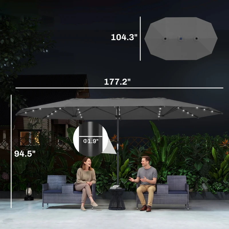 Outsunny Garden Parasol, Double-Sided Sun Umbrella with LED Solar Lights, Patio Parasol for Outdoor, Gray