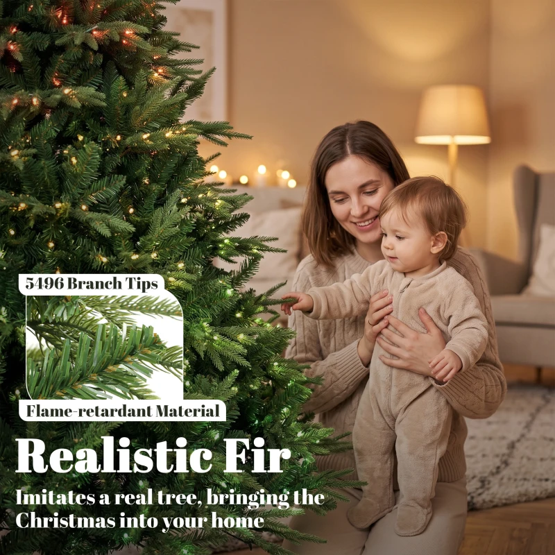 HOMCOM 7.5ft Christmas Tree with Synchronized LEDs, DIY Function, Frasier Grande Fir with Hinge Design, Remote, Daily Timer