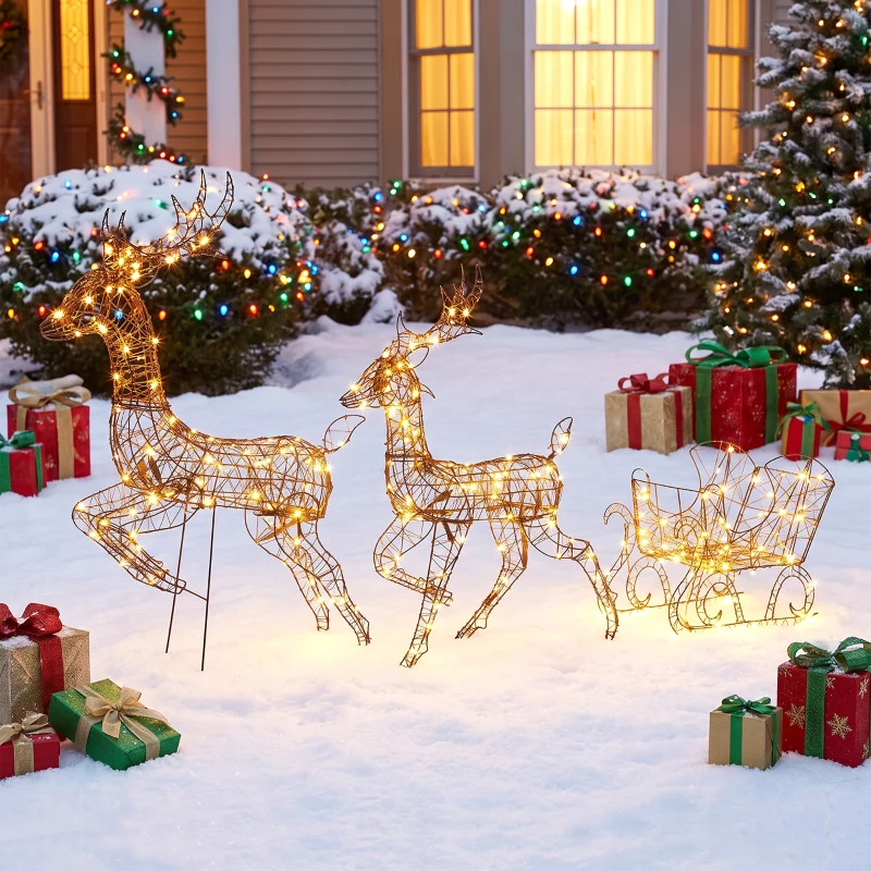 Outsunny 3-Piece Lighted Reindeer and Sleigh Set, PP Rattan Outdoor Christmas Decoration with LEDs, 8 Modes, Daily Timer