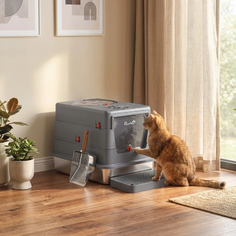 PawHut Stainless Steel Cat Litter Box with Lid, Enclosed High Sided Litter Box with Step, Metal Scoop, Grey