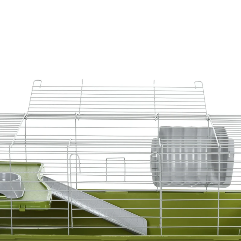 PawHut Small Animal Cage, Rolling Bunny Cage, Guinea Pig Cage with Food Dish, Water Bottle, Hay Feeder, Platform, Ramp, Green