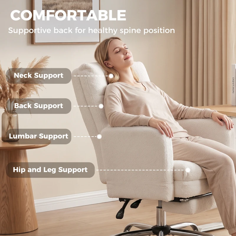 HOMCOM Office Chair, Teddy Fleece Executive Computer Desk Chair with Foldable Armrests, Wide Seat, Lumbar Support, Cream White