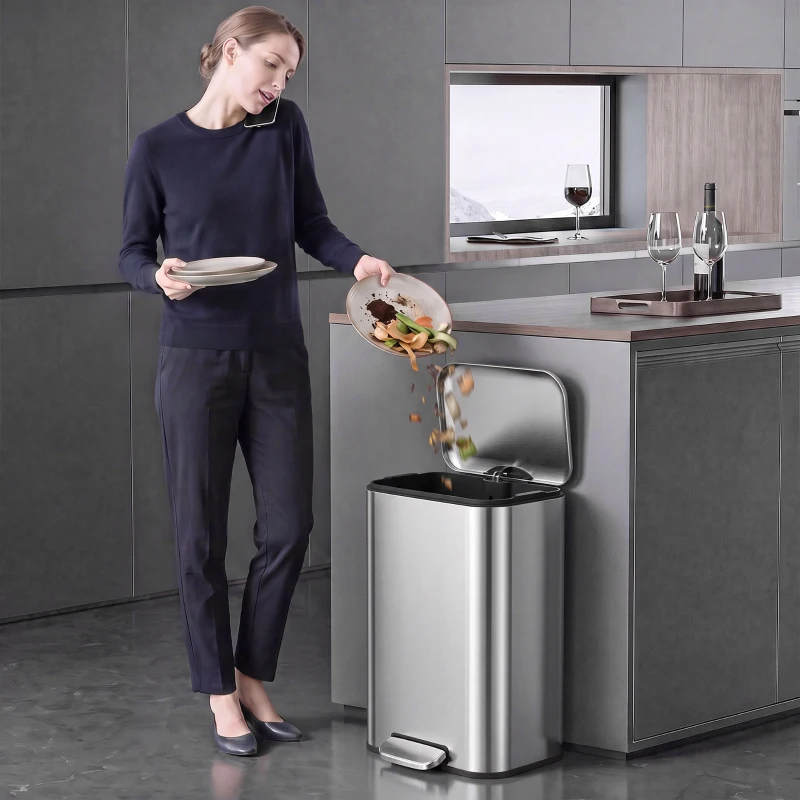 HOMCOM 13.2 Gallon Garbage Can, Slim Stainless Steel Trash Can with Removable PP Inner Bucket, Soft-Close Lid, Silver