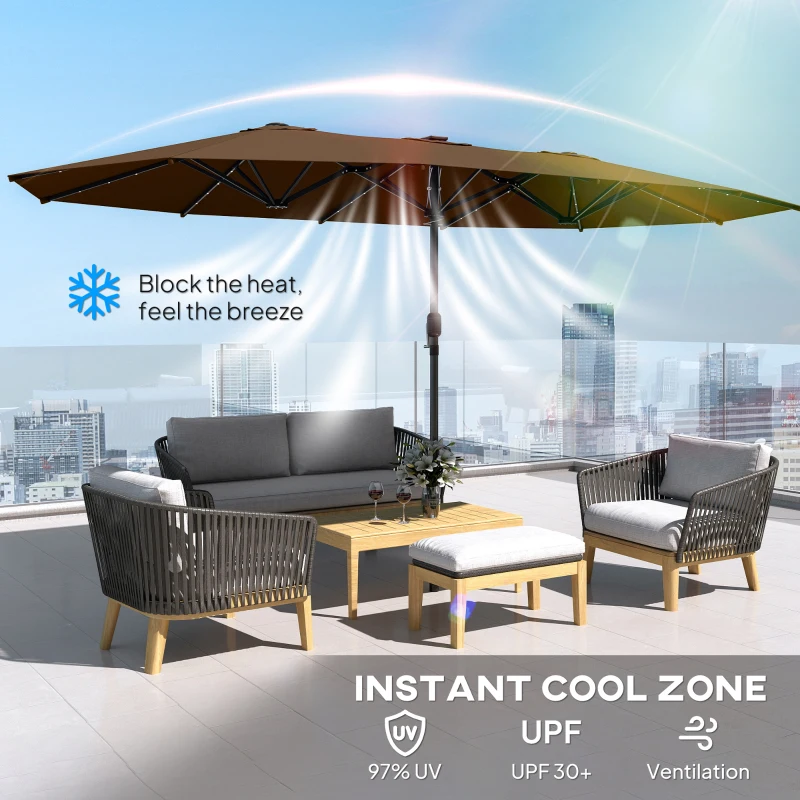 Outsunny Garden Parasol, Double-Sided Sun Umbrella with LED Solar Lights, Patio Parasol for Outdoor, Coffee