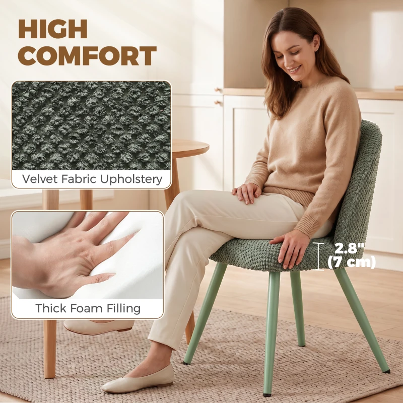HOMCOM Dining Chairs Velvet Fabric Upholstered Kitchen Chairs Metal Legs Set of 2, Dining Room, Home, Dark Green