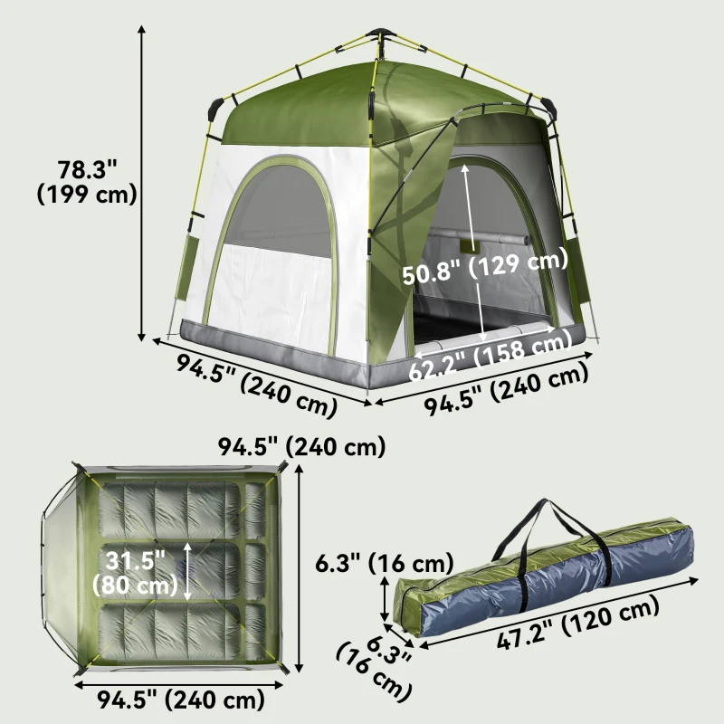 Outsunny Instant Automatic Camping Dome Tent Portable with 4 Doors and 4 Windows for 3 Person, Green