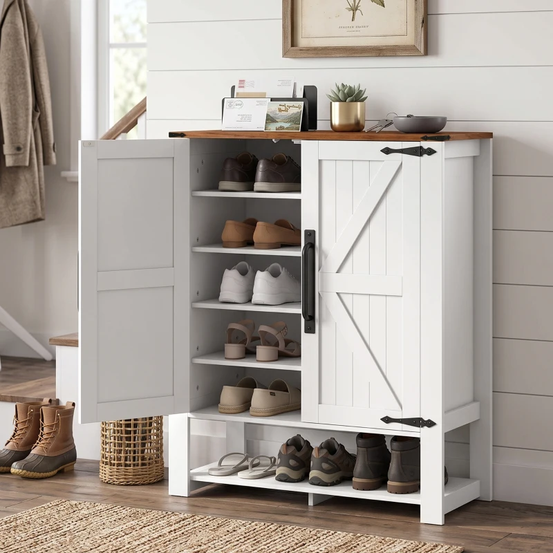 HOMCOM Shoe Cabinet 5 Tier Shelves Shoe Storage Cabinet Anti Tip Hardware Open Cubby Rustic White