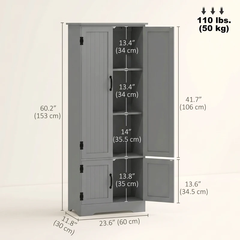 HOMCOM 60" 4-Door Storage Cabinet Multi-Storey Large Space Pantry with Adjustable Shelves Grey