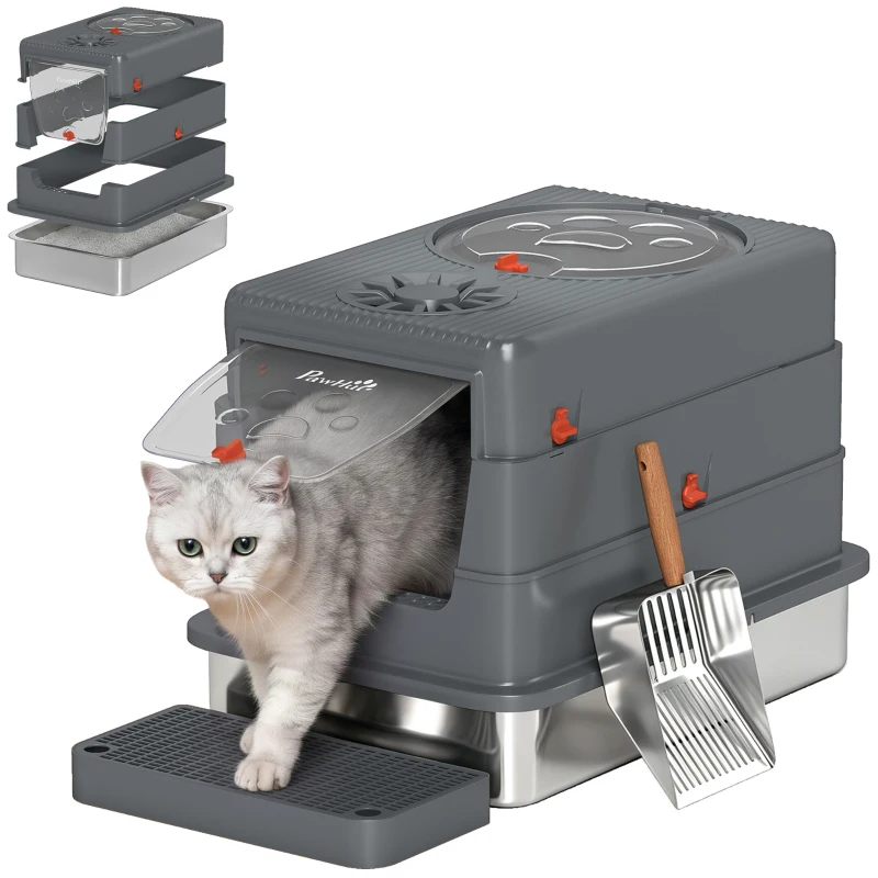 PawHut Stainless Steel Cat Litter Box with Lid, Enclosed High Sided Litter Box with Step, Metal Scoop, Grey
