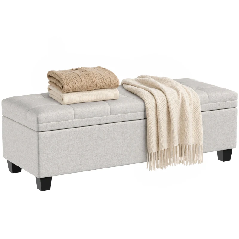 HOMCOM 51.2" Storage Ottoman Bench, End of Bed Bench with 2 Compartments, Dual Lift Lids, Cream White