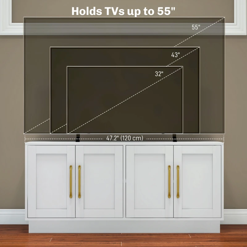 HOMCOM Modern TV Stand for up to 55" TV, TV Cabinet with 4 Soft Hinged Doors, 4 Cable Holes and 2 Adjustable Shelves, White(m-6)