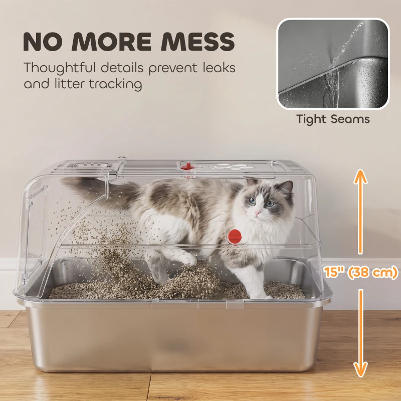 PawHut Stainless Steel Cat Litter Box with Lid, XL High Sided Enclosed Metal Litter Box w/ Scoop, Step, Pedal, Grey
