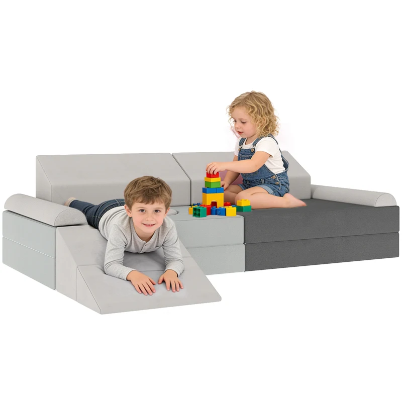 Qaba 12 PCS Modular Kids Play Couch, Child Sectional Sofa for Toddlers, Convertible Foam and Floor Cushion, Grey