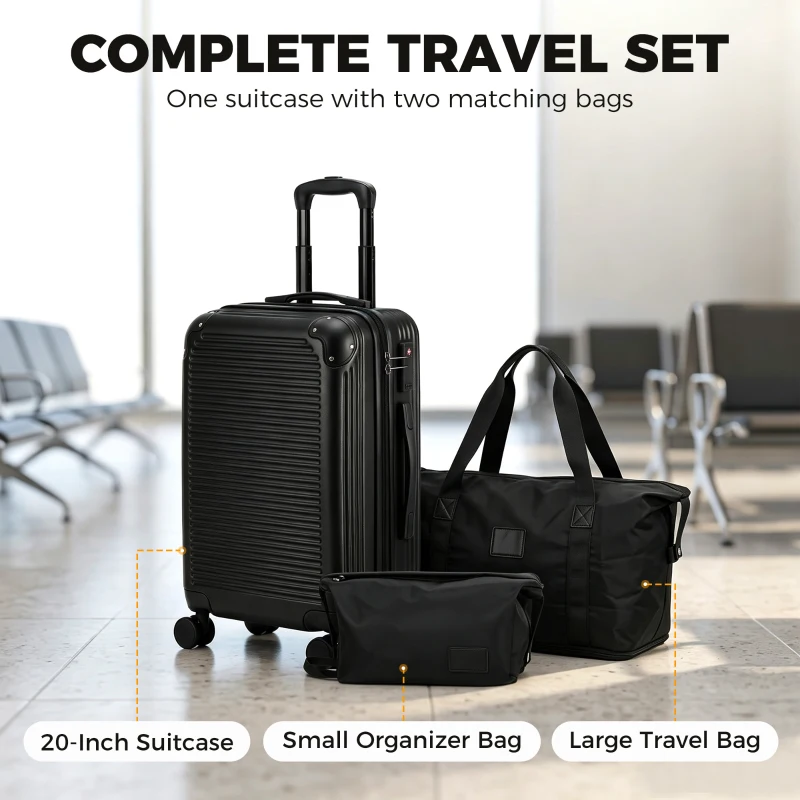 HOMCOM 3-Piece Luggage Set, Expandable Carry On Suitcase Set with Travel Duffel Bag, Toiletry Bag, TSA Lock, Hard Shell, Black