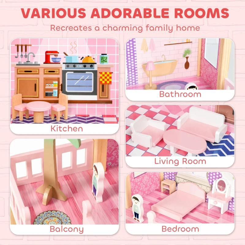 Qaba Wooden Doll House for Girls with 5 Rooms, Dolls, Furniture, DIY Pretend Dollhouse Playset, Gift for Kids Ages 3-6, Pink