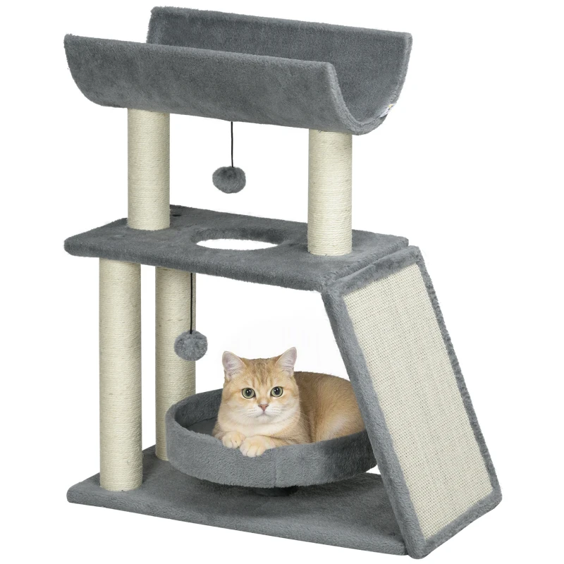 PawHut Small Cat Tree with Perch, Scratching Posts, Pad, Bed, Toy Balls, Light Grey