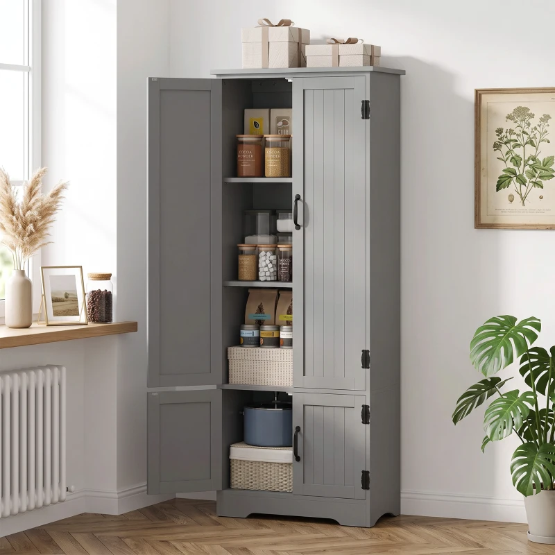 HOMCOM 60" 4-Door Storage Cabinet Multi-Storey Large Space Pantry with Adjustable Shelves Grey