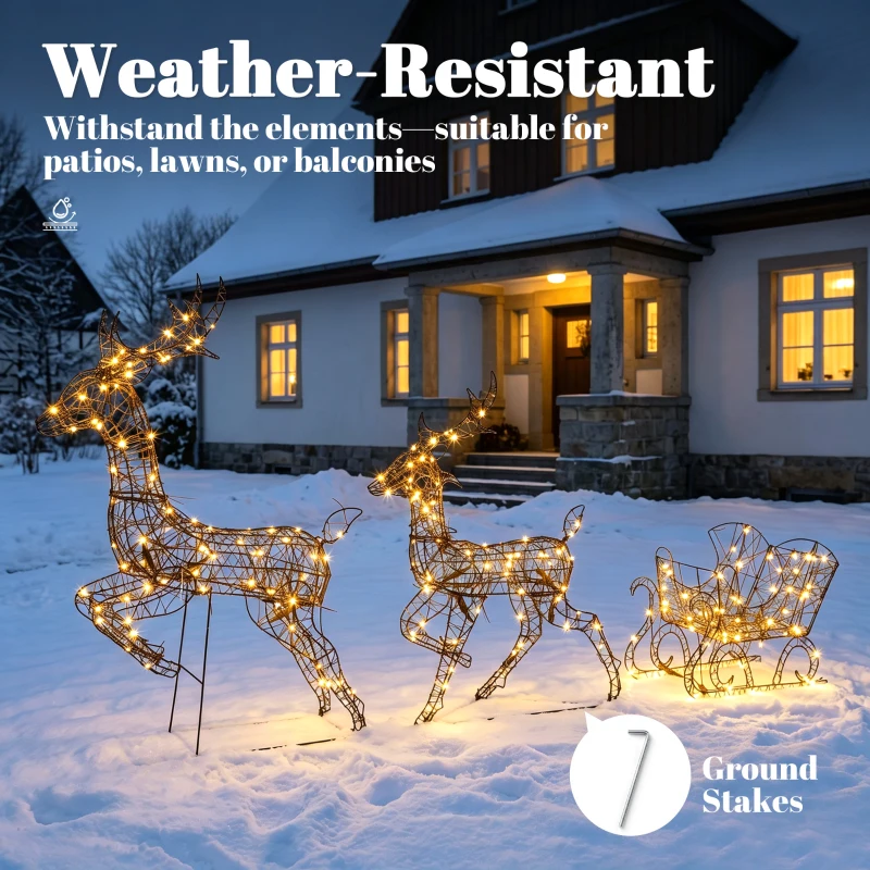 Outsunny 3-Piece Lighted Reindeer and Sleigh Set, PP Rattan Outdoor Christmas Decoration with LEDs, 8 Modes, Daily Timer