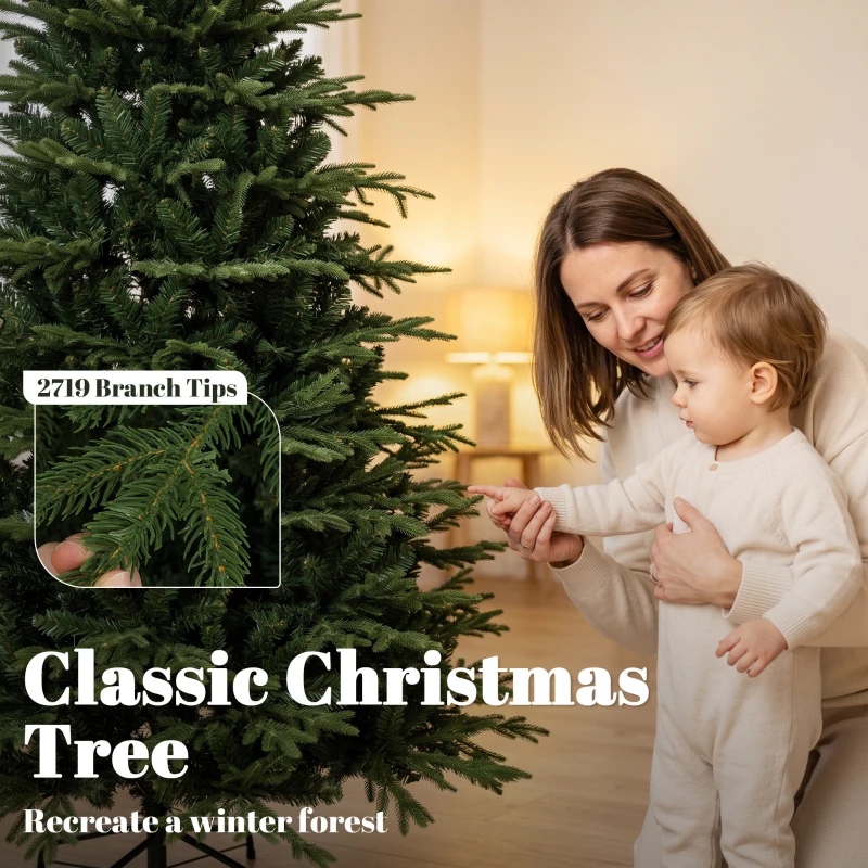 HOMCOM 7ft Artificial Christmas Tree Full Hinged Xmas Tree Metal Base, Green