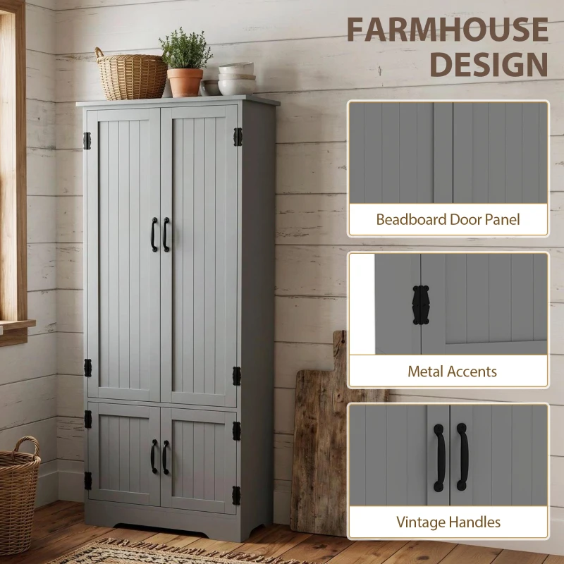 HOMCOM 60" 4-Door Storage Cabinet Multi-Storey Large Space Pantry with Adjustable Shelves Grey