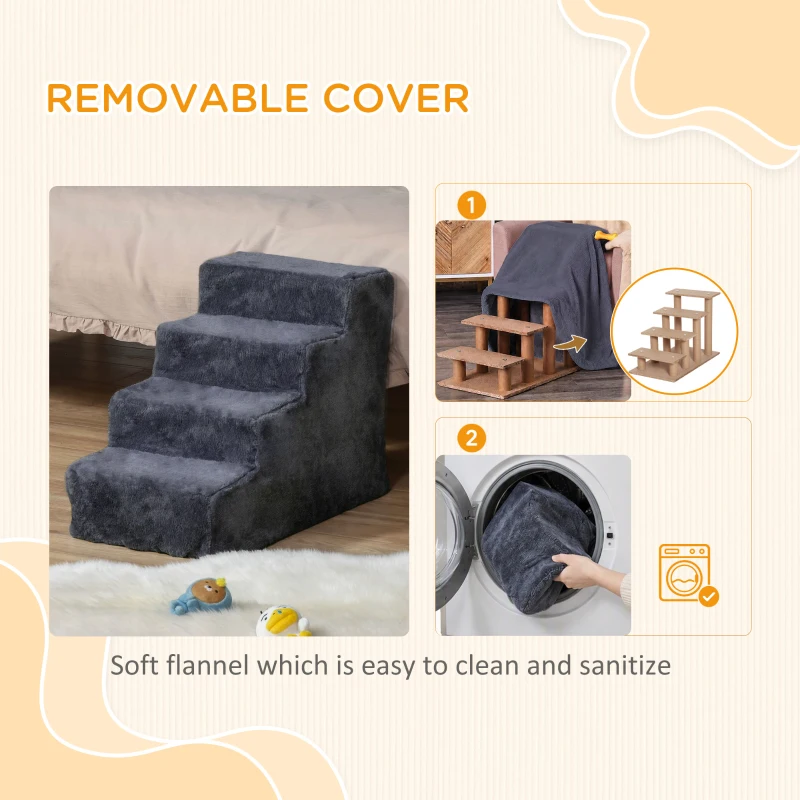 PawHut 4-Step Dog Ramp for Sofa, Bed, and Couch, with Removable Cover, Dark Grey