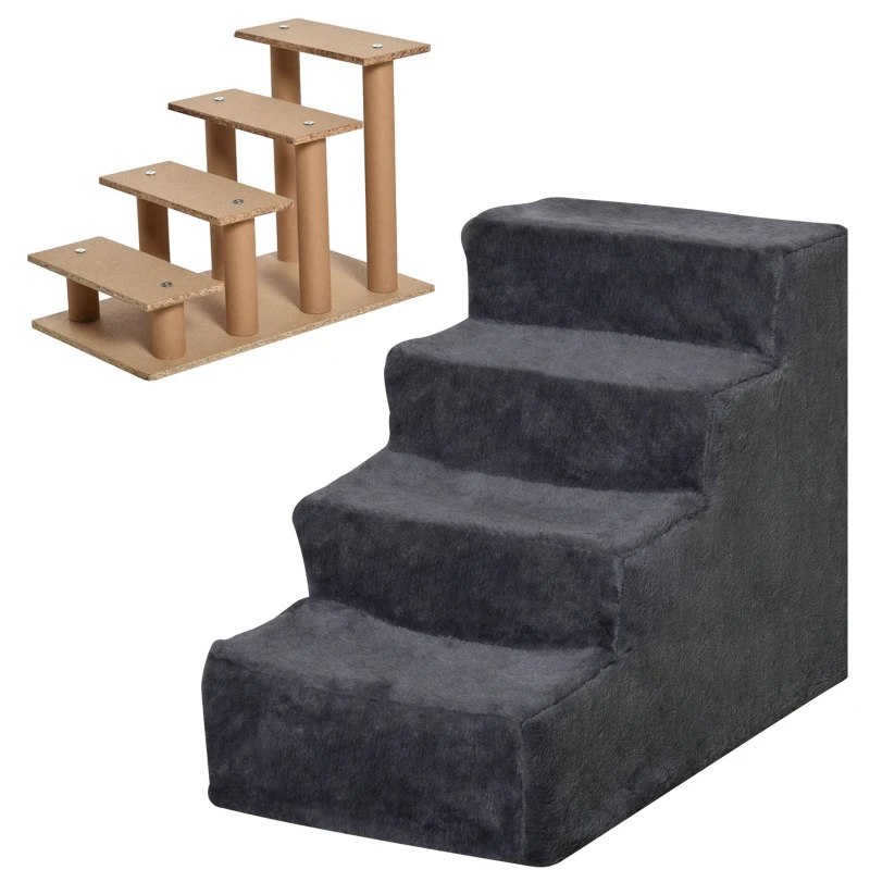 PawHut 4-Step Dog Ramp for Sofa, Bed, and Couch, with Removable Cover, Dark Grey