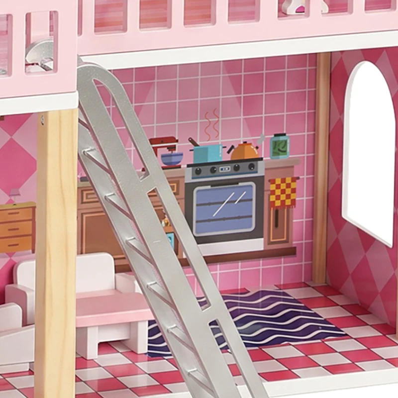 Qaba Wooden Doll House for Girls with 5 Rooms, Dolls, Furniture, DIY Pretend Dollhouse Playset, Gift for Kids Ages 3-6, Pink