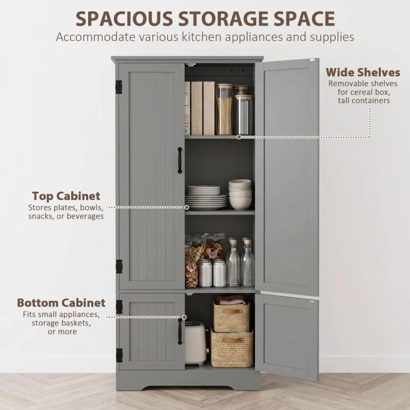 HOMCOM 60" 4-Door Storage Cabinet Multi-Storey Large Space Pantry with Adjustable Shelves Grey
