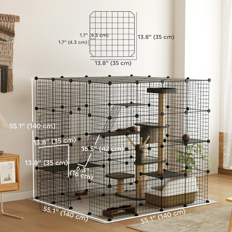 PawHut 4-Tier 55" Cat Cage Indoor with Platforms, Ramps, Accessories, for 1-3 Cats, Indoor Use, Black