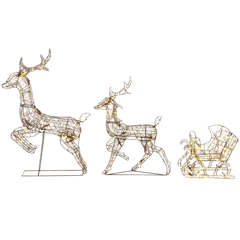 Outsunny 3-Piece Lighted Reindeer and Sleigh Set, PP Rattan Outdoor Christmas Decoration with LEDs, 8 Modes, Daily Timer