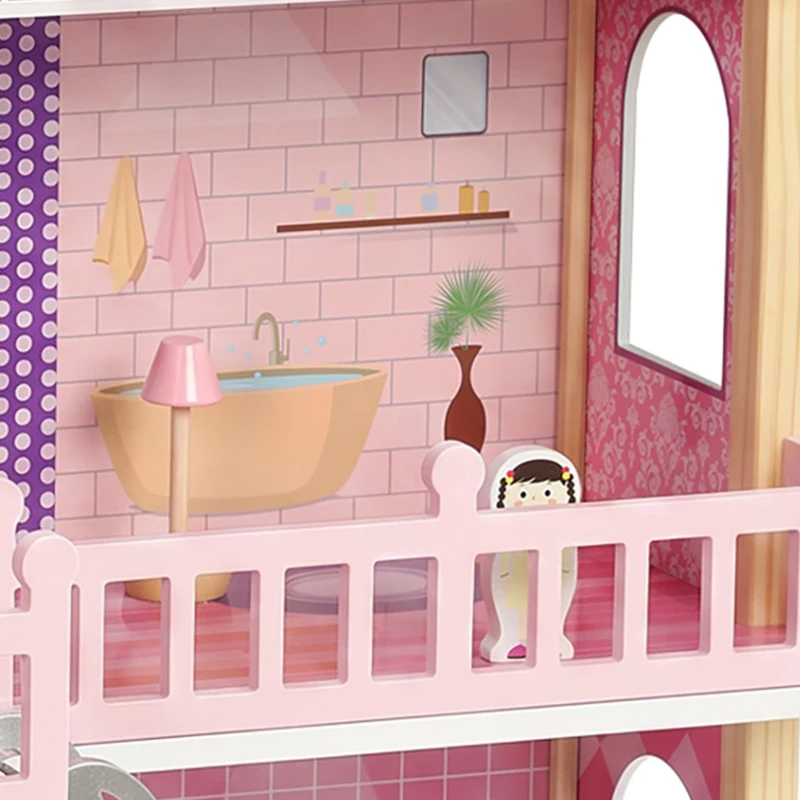 Qaba Wooden Doll House for Girls with 5 Rooms, Dolls, Furniture, DIY Pretend Dollhouse Playset, Gift for Kids Ages 3-6, Pink