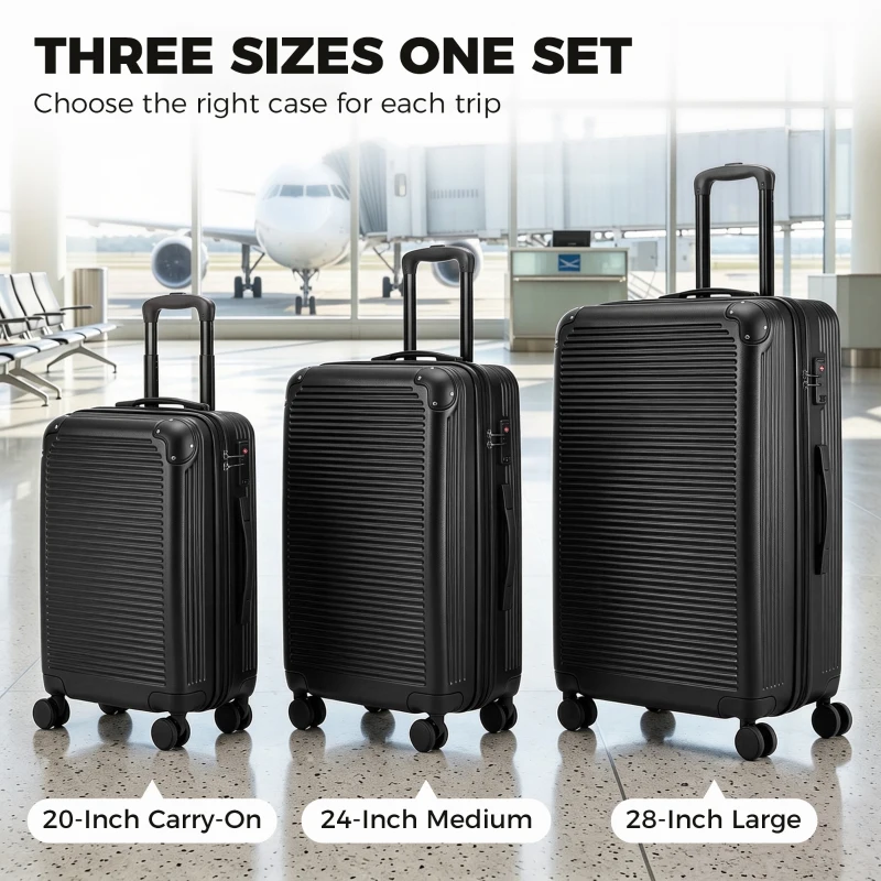 HOMCOM 3-Piece Luggage Set, Carry On & Checked Suitcase Set with TSA Lock, Hard Shell, 20/24/28 Inch, Black