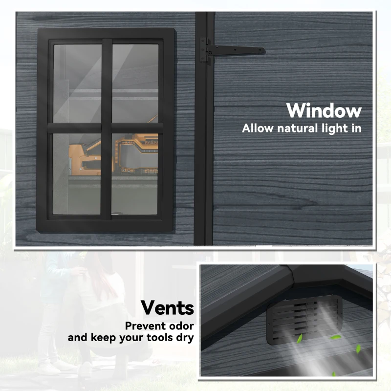 Outsunny 8 x 4 ft Plastic Garden Shed, Wood-Effect Outdoor Storage Shed with Floor, Windows, Lockable Doors and Vents, Dark Grey