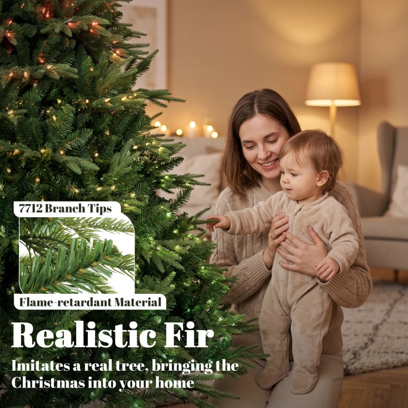 HOMCOM 9ft Christmas Tree with Synchronized LEDs, DIY Function, Frasier Grande Fir with Hinge Design, Remote, Daily Timer