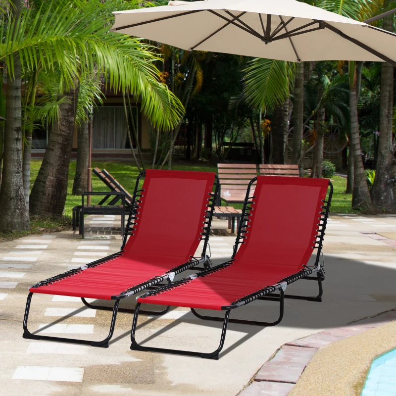 Outsunny Set of 2 Folding Chaise Lounge Chairs, Outdoor Sun Tanning Chairs with Reclining Back, Wine Red