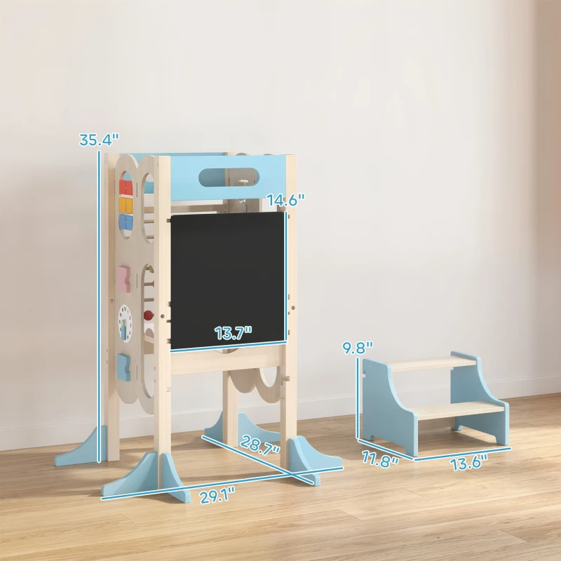 Qaba 6-in-1 Toddler Kitchen Step Stool Helper, Montessori Toddler Standing Tower w/ Blackboard for 3-6 Year, Blue