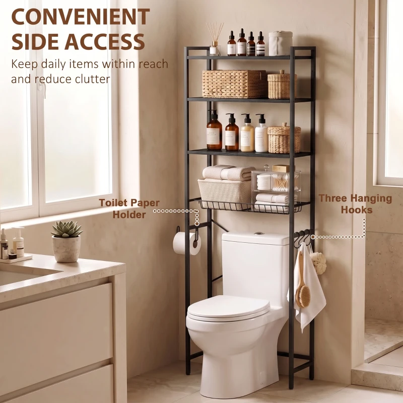 HOMCOM Over-the-Toilet Storage Shelf, 3-Tier Over-Toilet Bathroom Organizer with Adjustable Shelves and Pull-Out Basket, Black
