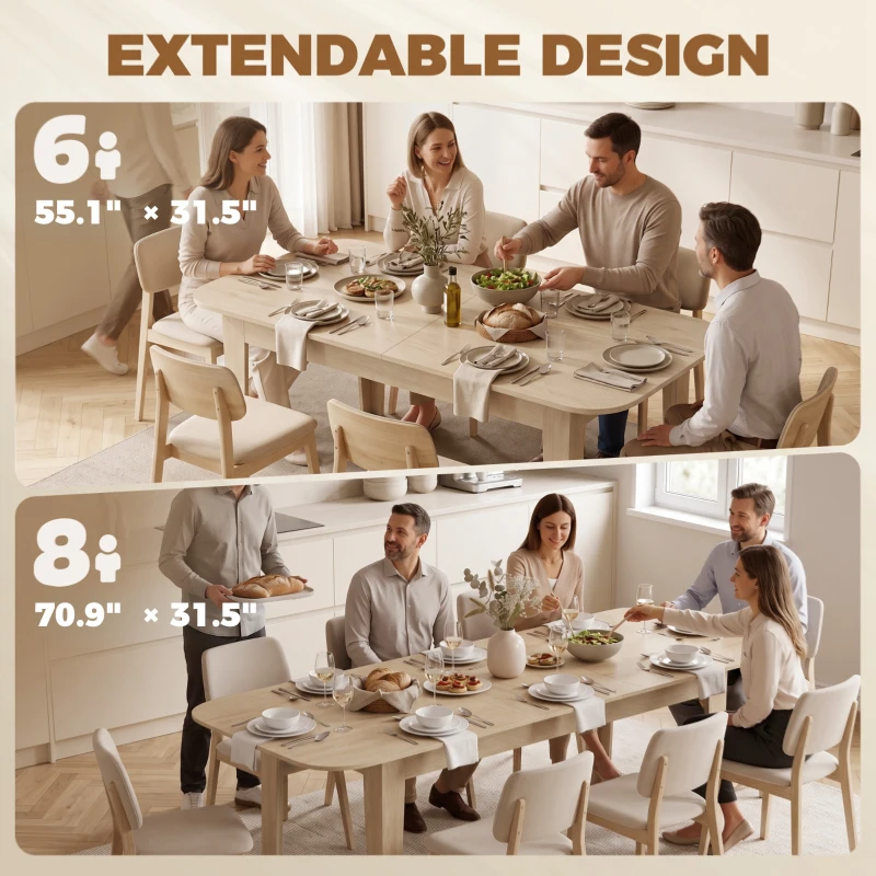 HOMCOM Extendable Oval Dining Table for 4-6, Farmhouse Expandable Kitchen Table, Round Edges, Oak