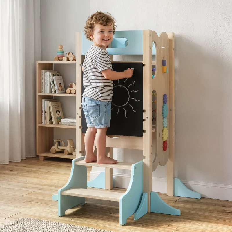 Qaba 6-in-1 Toddler Kitchen Step Stool Helper, Montessori Toddler Standing Tower w/ Blackboard for 3-6 Year, Blue