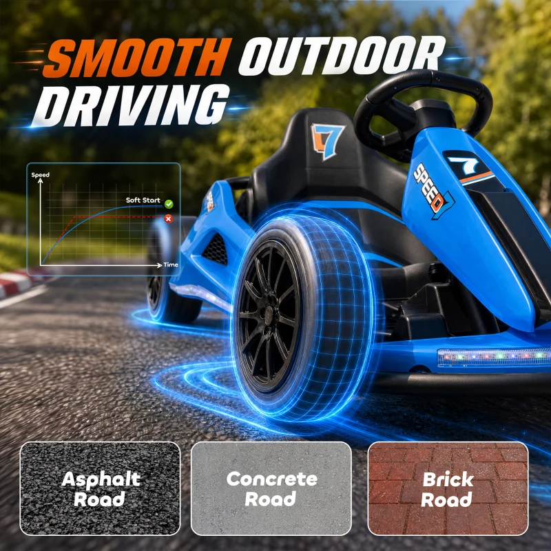 Qaba 24V Electric Drift Go Kart for Kids with Dual Motors, Soft Start, PU Wheels, 7.5MPH High Speed, for Ages 6-14, Blue