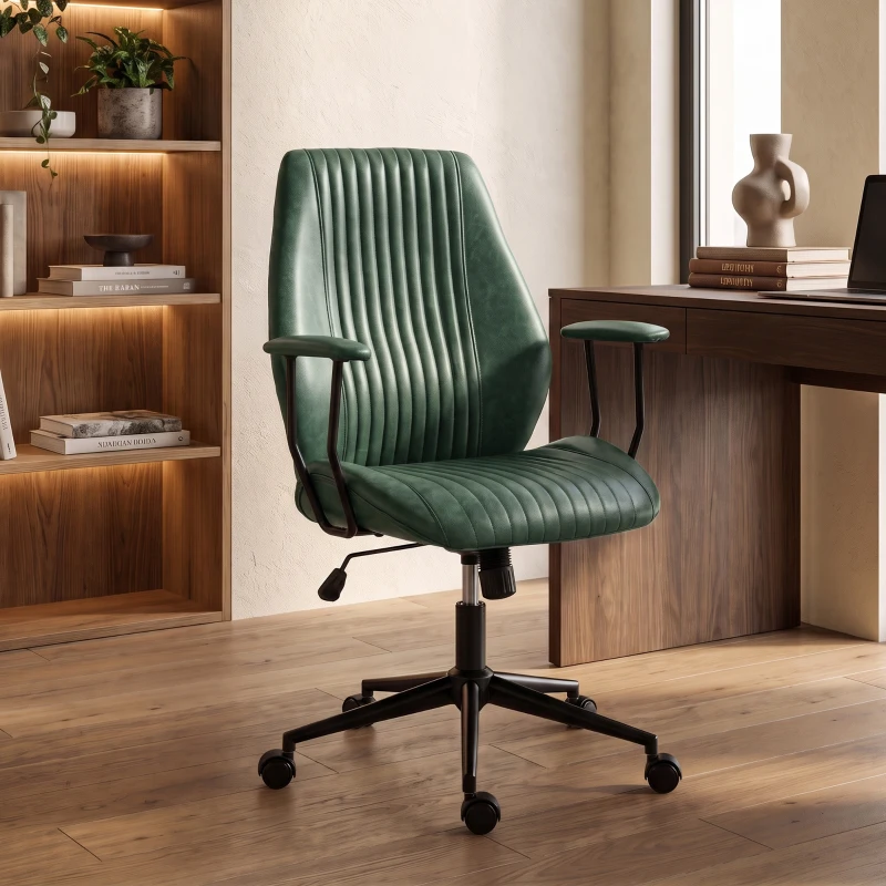 HOMCOM Leather Home Office Desk Chair, Vintage Computer Chair with Padded Arms, 360° Swivel, Adjustable Height, Tilt, Green