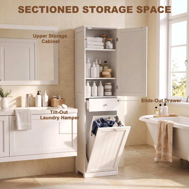 HOMCOM 71" Tall Bathroom Storage Cabinet, Freestanding Narrow Bathroom Cabinet with Tilt-out Laundry Basket, White